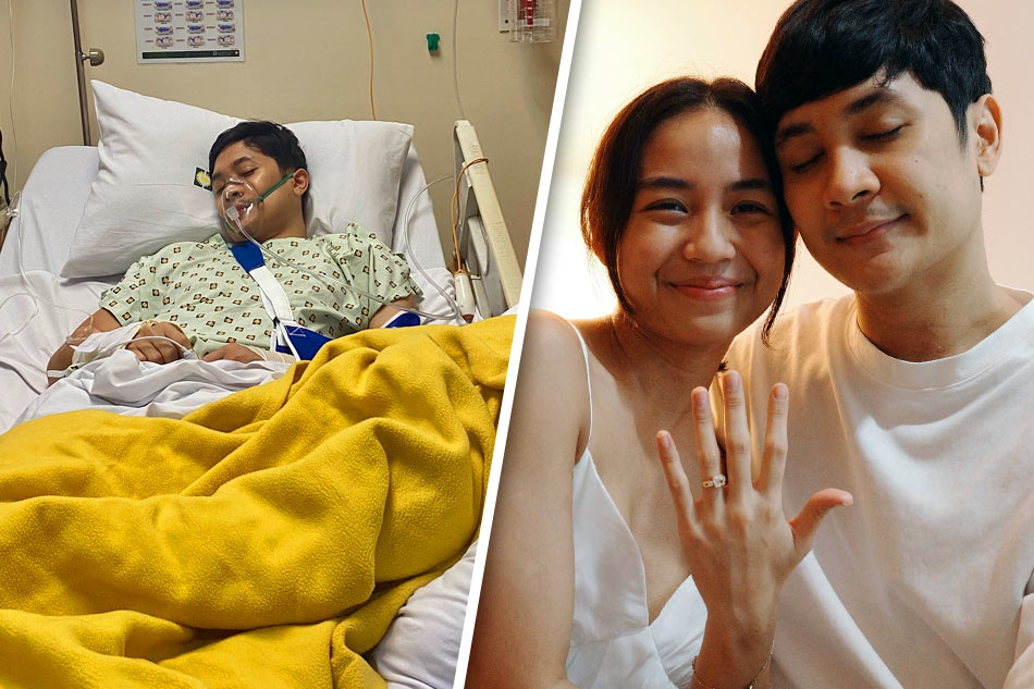 Over October vocalist Josh Buizon in hospital (left) and with his fiance, Thea Panaguiton. Buizon/Instagram