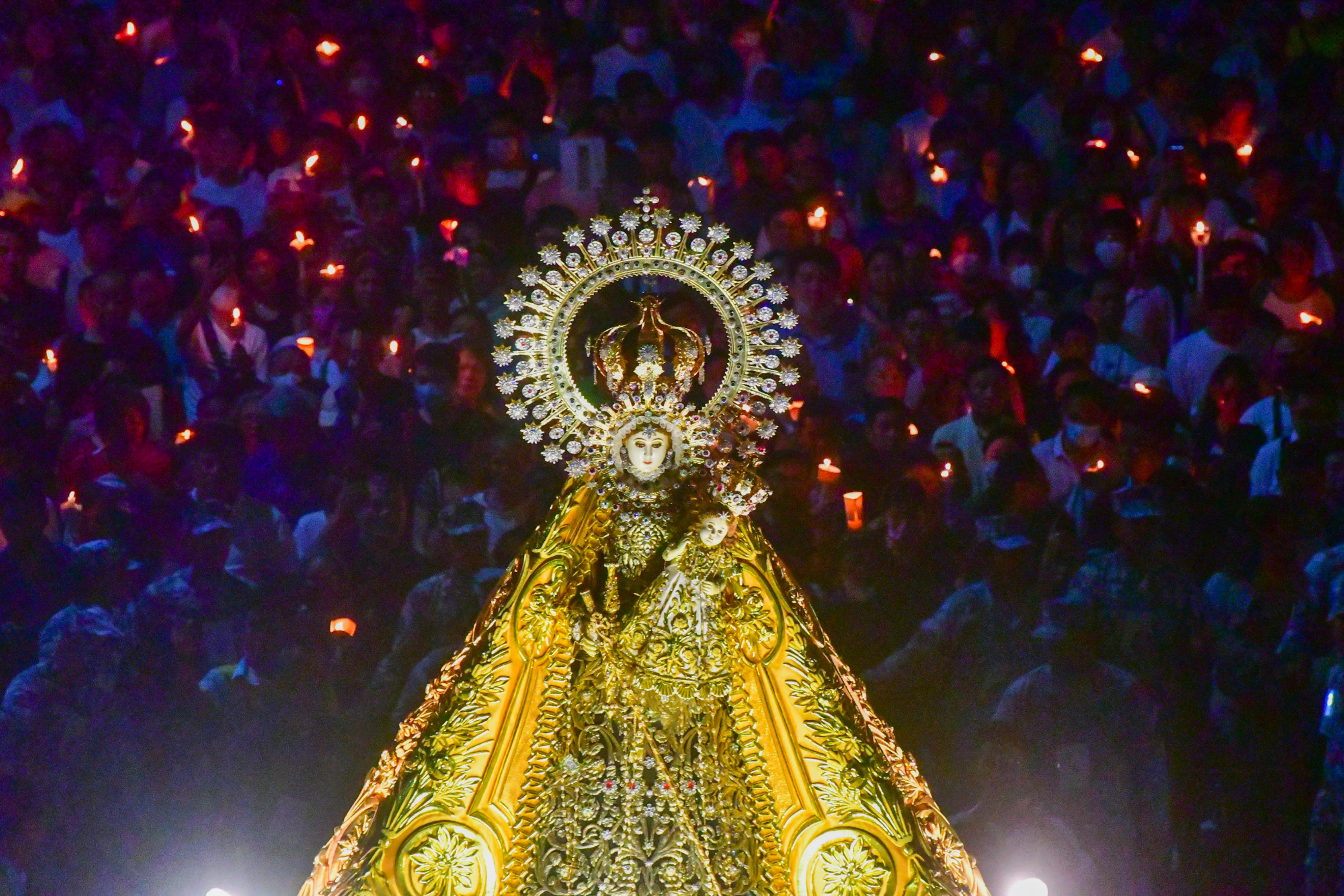 Devotees flock to the grand procession of the image of Our Lady of the Holy Rosary, La Naval in Quezon City on October 8, 2023. The feast, which honors the Virgin Mary, traces its origins to the naval victory in defense of the country from the Dutch in the 1600s, attributed to the intercession of the Virgin Mary. Mark Demayo, ABS-CBN News/file