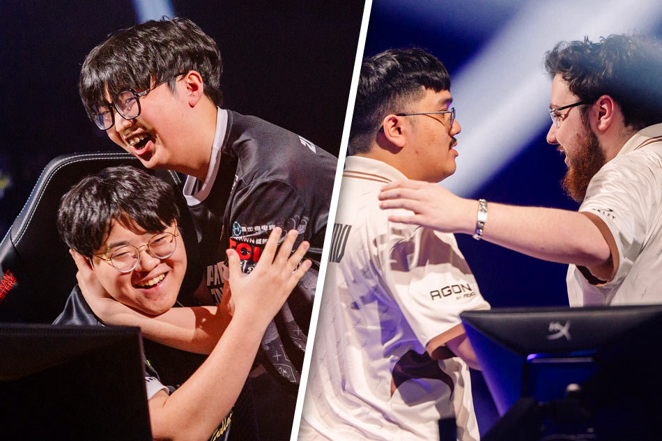 CHICHOO and ZmjjKK of EDward Gaming and (Right photo: 20250227-G2) jawgemo and leaf of G2 Esports react onstage at VALORANT Masters Bangkok Playoffs Stage on February 27, 2025 in Bangkok, Thailand. (Photo by Colin Young-Wolf/Riot Games)